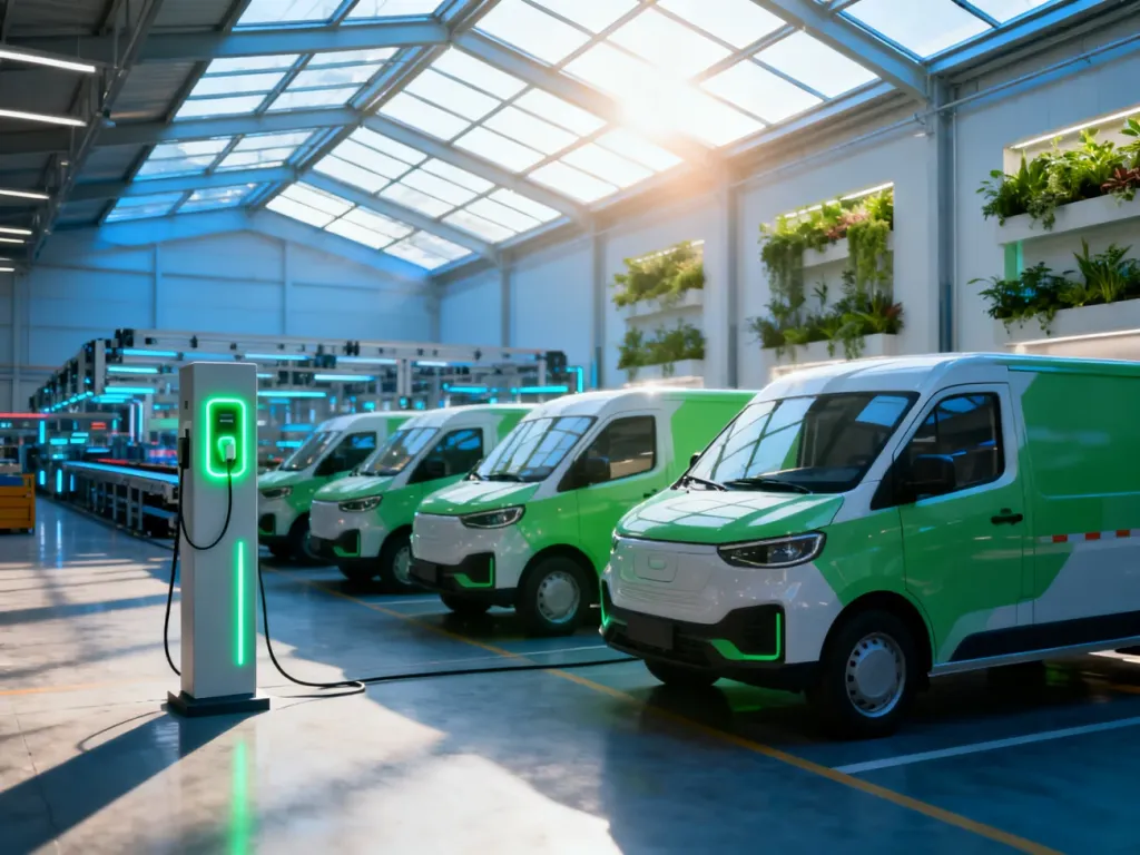 Nowoczesny magazyn logistyczny z elektrycznymi autami dostawczymi, stacjami ładowania i zielonymi ścianami wewnątrz budynku.