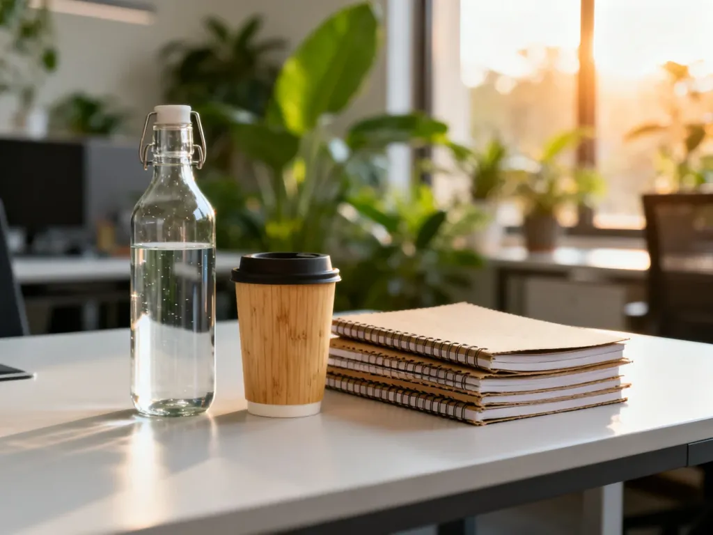 Minimalistyczne biurko z butelką wielorazową, kubkiem bambusowym i notatnikami z recyklingu w ekologicznym biurze.