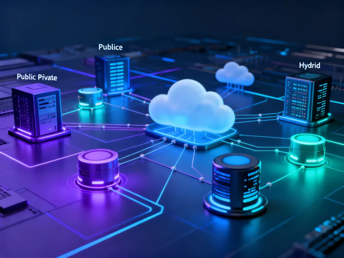 Wizualizacja modeli wdrożeniowych chmury publicznej, prywatnej, hybrydowej i multicloud