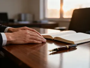 Stół konferencyjny z dwoma krzesłami przygotowany do negocjacji biznesowych w profesjonalnym biurze.