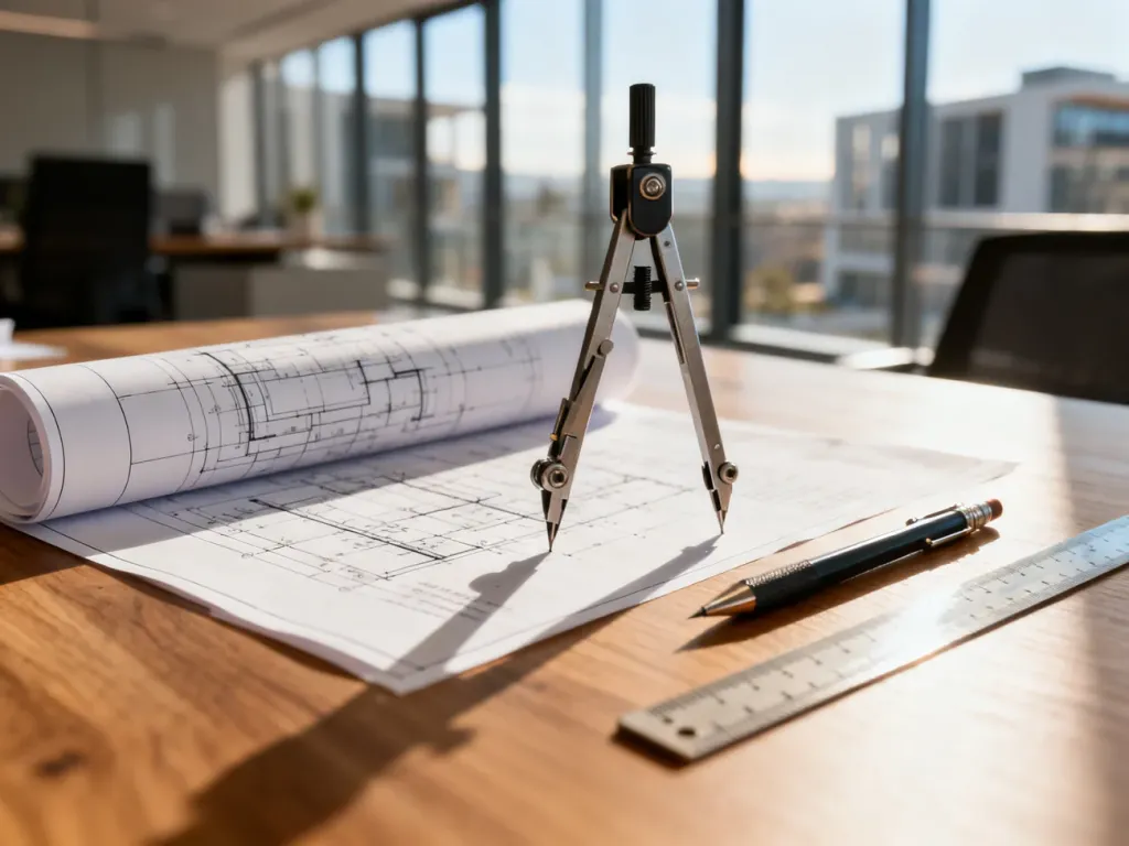 Profesjonalne stanowisko pracy architekta z przyborami kreślarskimi i planami budowlanymi na drewnianym biurku.
