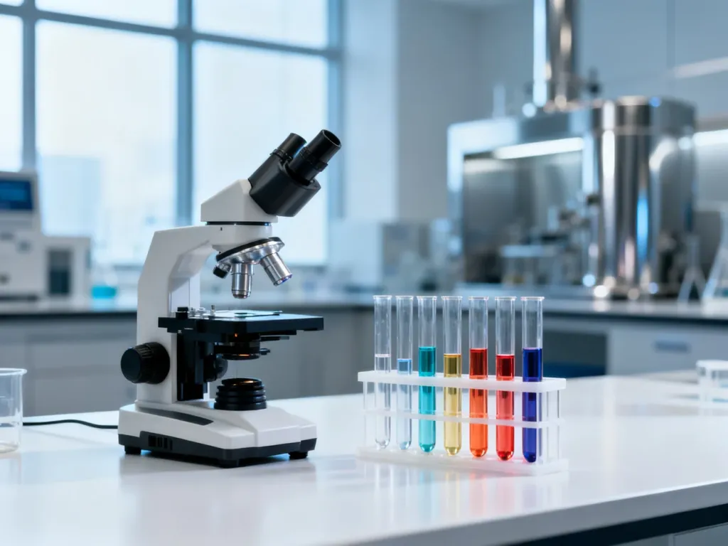 Profesjonalne stanowisko laboratoryjne z mikroskopem i probówkami z odczynnikami na sterylnym, białym blacie.