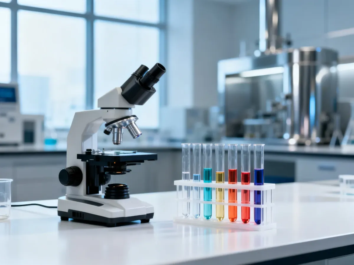Profesjonalne stanowisko laboratoryjne z mikroskopem i probówkami z odczynnikami na sterylnym, białym blacie.
