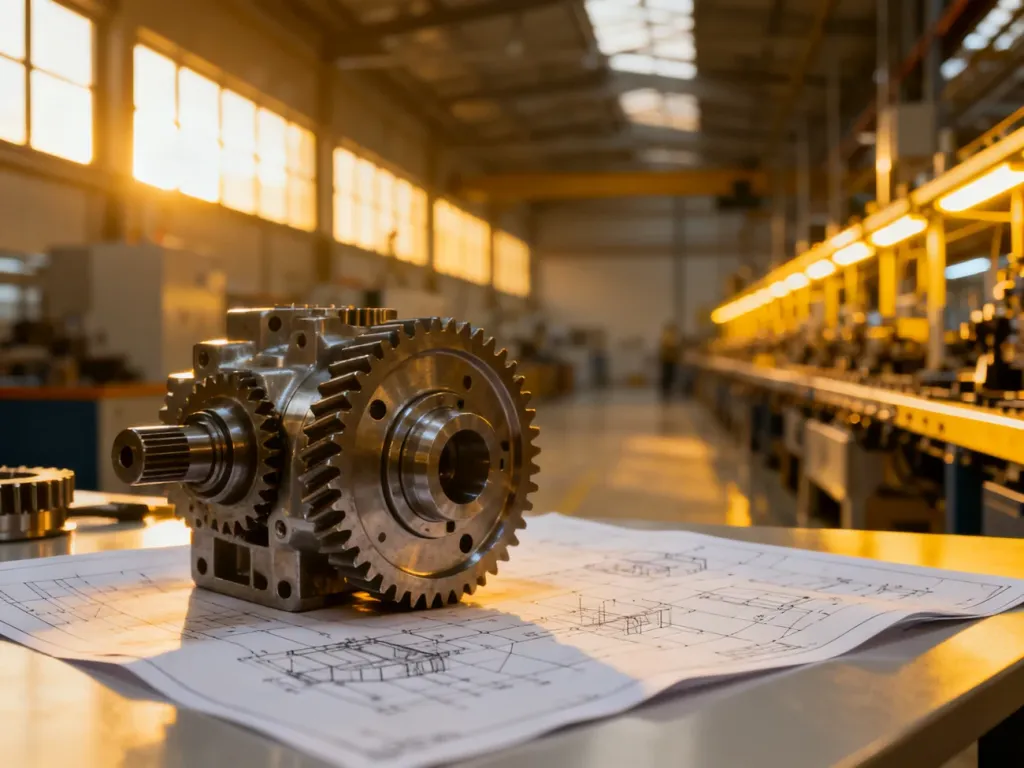 Metalowy mechanizm zębaty i plany techniczne na stole warsztatowym w tle nowoczesnej linii produkcyjnej w fabryce.