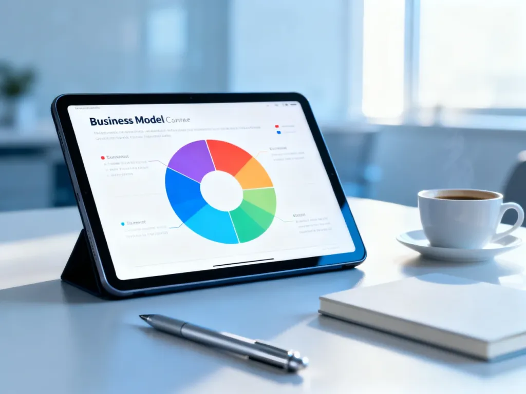 Nowoczesne stanowisko pracy z tabletem wyświetlającym pusty szablon modelu biznesowego canvas.