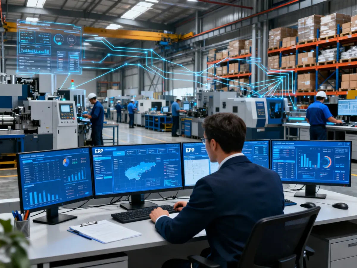 Zespół planistów analizujący dane zintegrowanego systemu ERP na tle hali produkcyjnej