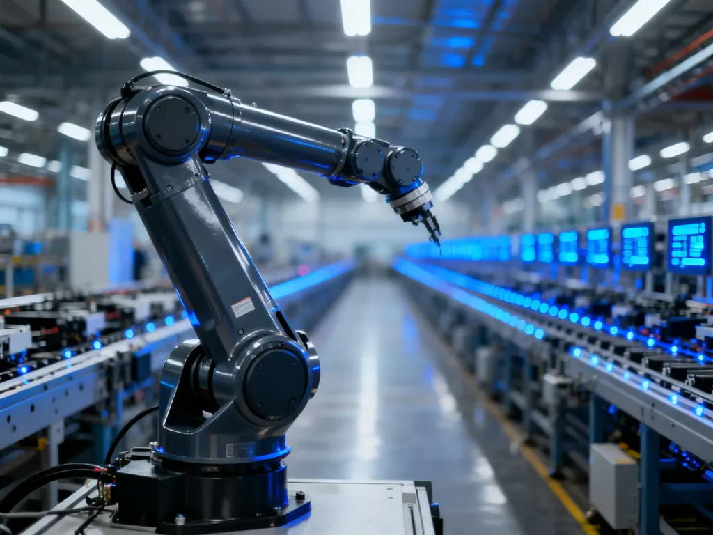 Nowoczesne ramię robotyczne na linii produkcyjnej, symbolizujące automatyzację i zaawansowane technologie w przemyśle.